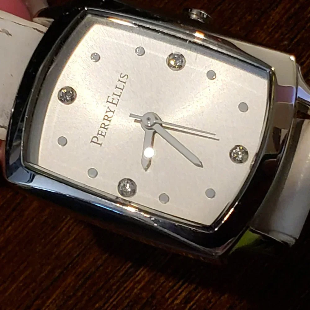 Perry Ellis White Leather Band Silver Rectangle Face Diamond Accent Wrist Watch
